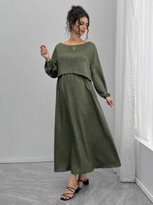 Momance 2 件孕妇套装：宽松船领长袖上衣和 A 字腰抽绳裙 - 綠色 - 查看 5