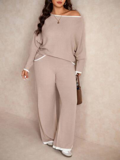 Elaquor Plus Size Women Boat Neck Long Sleeve Sweater And Knitted Pants Casual Suit In Fall/Winter