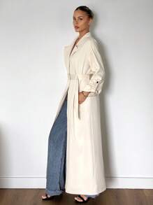 SHEIN ICON 秋冬女士米色外出纯色翻领休闲长款宽松长袖风衣 - 杏色 - 查看 7