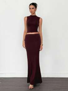 SHEIN Tall Dark Plum Knitted Fishtail Long Skirt + Small High Collar Top Two Pieces Suit - Brown - View 8