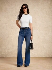 House of One Round Neck Contrasted Black Binding Short Sleeves White Top Women Casual Elegant Spring Autumn Fall Outfits Business Professional Women Business Casual Woman