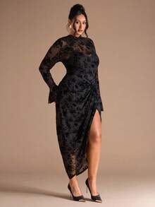 SHEIN BAE Plus Size Women's Early Autumn Flocked Flared Sleeve Stand Collar Split Pleated Dress/Wedding Guest Dress Women,Wedding Guest Dress,Fall Wedding Guest Dress,Plus Size Woman Dresses,Dresses Classy Elegant/Long Sleeve Dress ,Curvy Elegant Dresses For Party,Valentine's Day,Valentine Outfits For Women