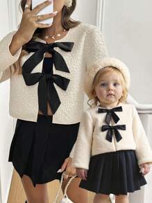 SHEIN 可爱杏色毛绒蝴蝶结装饰长袖夹克，适合女婴，百搭秋冬 - 杏色 - 查看 7