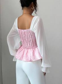 Elenzga 法国新款奢华闪亮纹理提花优雅淑女浪漫甜美优雅优质约会夜设计腰部修身雪纺拼接长袖女衬衫 - 彩色 - 查看 5