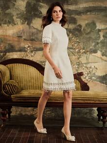 Anewsta 女士优雅短袖修身粗花呢迷你连衣裙，适合派对和婚礼，秋季 - 米色 - 查看 3