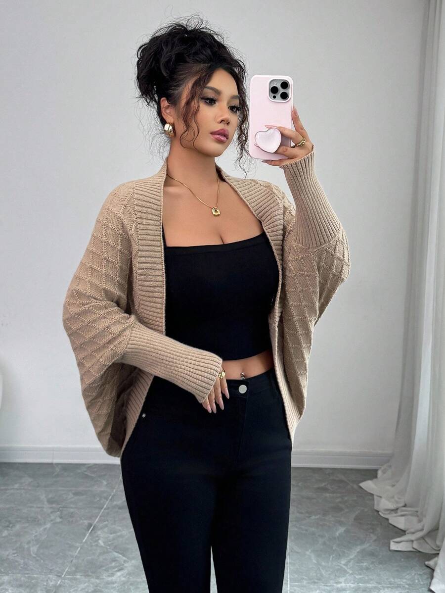 Elenzga 女式卡其色休闲套头开衫，复古街头风格，适合节日、独立日、音乐会、办公室、约会、职业装，蝙蝠翼廓形，中长款，优雅百搭的针织毛衣，秋冬 - 卡其色 - 查看 1