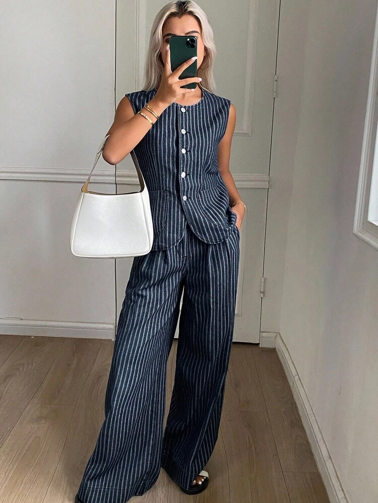 Women's Casual Striped Round Neck Tank Top And Wide Leg Jeans Set
