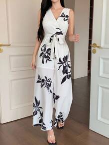 DAZY 女士优雅碎花V领无袖连体裤，夏季度假 - 米色 - 查看 5