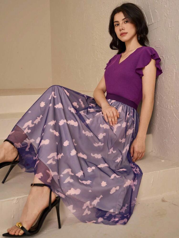 Solid Color V-Neck T-Shirt & Floral Print Skirt 2 Pieces Set For Women