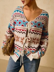 Travachic 大码女式费尔岛图案，前系蝴蝶结针织夹克，复古假日毛衣开衫毛衣上衣女式毛衣系带前毛衣女式开衫冬季毛衣图案毛衣几何毛衣秋季女式圣诞节大码女式毛衣圣诞套头衫 - 彩色 - 查看 4