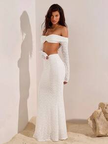 Opulessa Textured Sequin Fabric Off Shoulder Long Sleeve Top And Fish Tail Skirt Sexy Party 2 Pieces Set For Women White Two Piece Set Lace Two Piece Set White Lace Two Piece Set Cream Two Piece Set Off The Shoulder Two Piece Set White Lace Two Piece Outfit Off Shoulder Two Piece Set Autumn Beautiful Dress,Off The Shoulder - Black - View 8