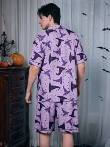 SHEIN Coupled Up Halloween Element Graphic Print Bubble Crinkle Shawl Collar Men Pajama Set  Cozy And Elegant Details - Purple - View 3