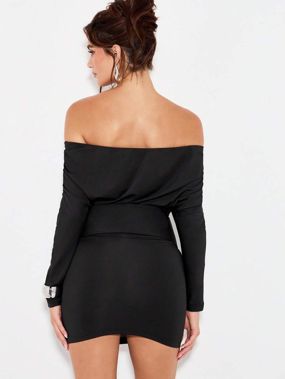 KIZN Off Shoulder Draped Mini Dress Long Sleeve Belted Bodycon Elegant Party Evening Winter Club Formal