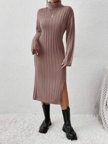 EURMUSE Turtle Neck Drop Shoulder Sleeve Knit Sweater Dress With High Low Hem, Belt Not Included - Coffee Brown - View 4