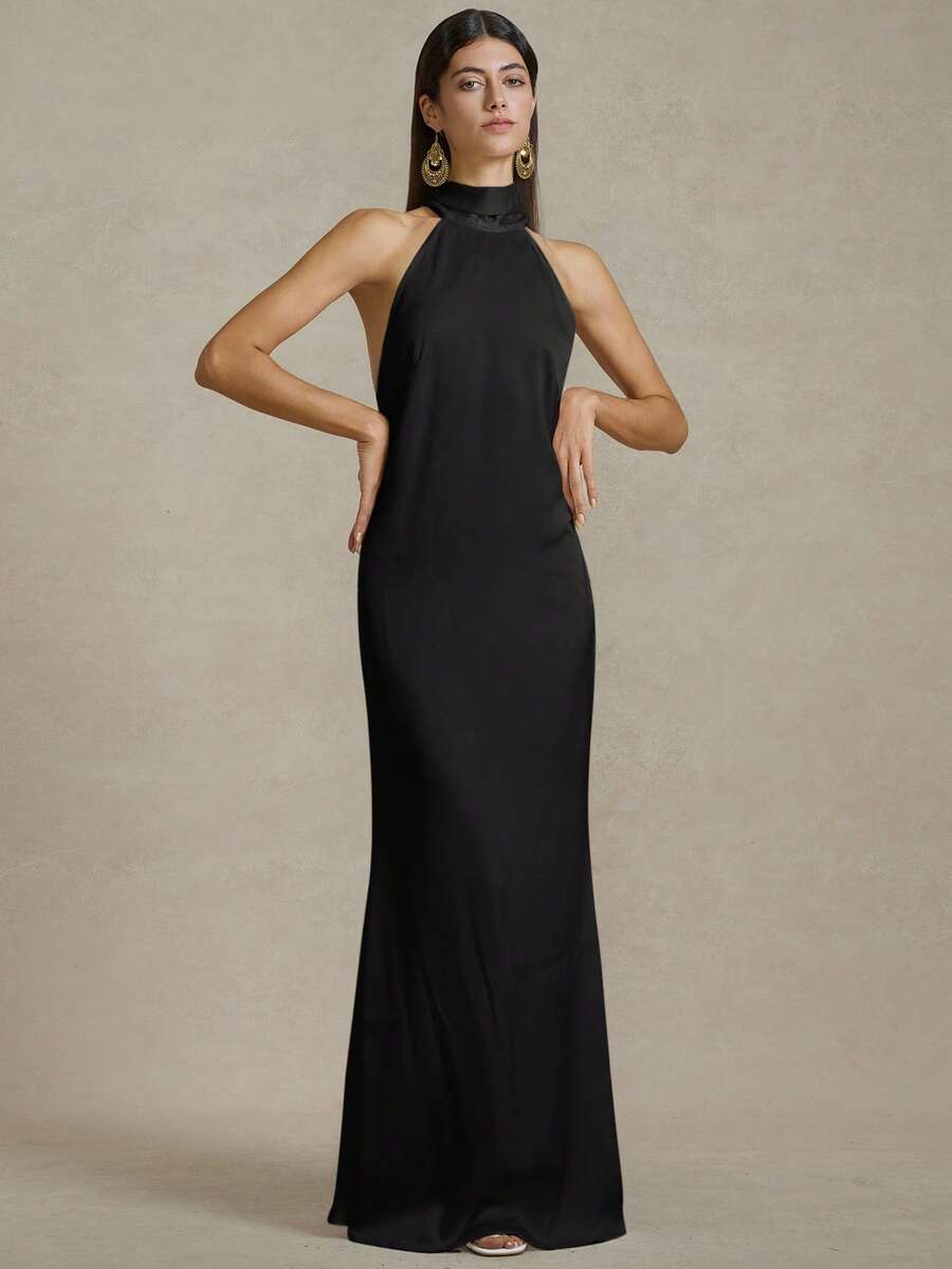 Briarwyn 女士休闲平纹编织露背吊带连衣裙，带鱼尾下摆，夏季女士优雅连衣裙，婚礼宾客礼服，女士沙滩装，女士度假装，7 月 4 日 - 黑色 - 查看 1