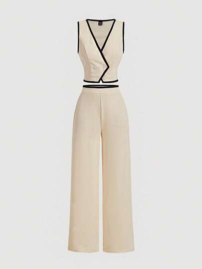 SHEIN MOD Conjunto de traje de mujer con bloques de color vintage, chaqueta tipo blazer y pantalones, conjunto de 2 piezas de atuendo de principios de otoño para volver a la escuela con estilo preppy, pantalones caqui con estilo "old money"