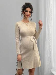 Momance 孕妇圆领修身长袖针织连衣裙（腰带款）