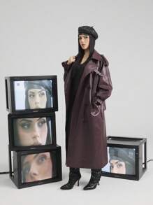 Anewsta معطف طويل أنيق ذو لون أحمر ثابت مزدوج الصدر من الأنجورا للنساء، مناسب للخريف والربيع