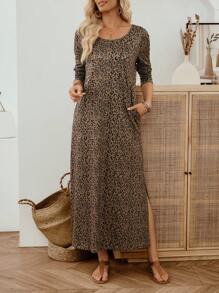 SHEIN LUNE Women's Leopard Print Round Neck Long Sleeve Maxi Dress,Brown Checkered,Autumn,Casual,Occasion Modest Dress For Women - Multicolor - View 6