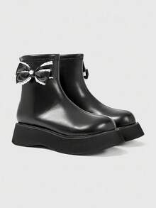 ROMWE Grunge Punk 2.0in Heel Lace Bow Round Toe Zipper Back Punk Style Leather Platform Ankle Boots, Casual Thick Sole Ankle Boots For Women - Black - View 9