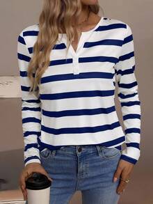 EMERY ROSE Women's V-Neck Striped Button Long Sleeve T-Shirt Fall Cloth For Women