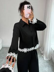 Elenzga 2pcs Women's Collared Floral Lace Patchwork Shirt And Pants Set - Black - View 8