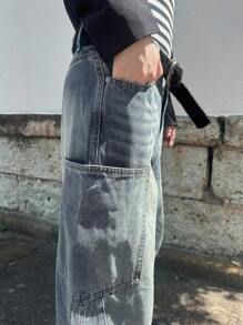 FRIFUL 女士时尚休闲水洗宽松牛仔裤 - 藍色 - 查看 2