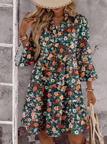 EMERY ROSE Casual Ditsy Floral Mini Dress For Women, Suitable For Summer, Multi-Layer Ruffle Skirt, Puff Sleeve, Retro Ditsy Ditsy Floral,Casual Dresses For Women Chic Dress - Multicolor - View 1