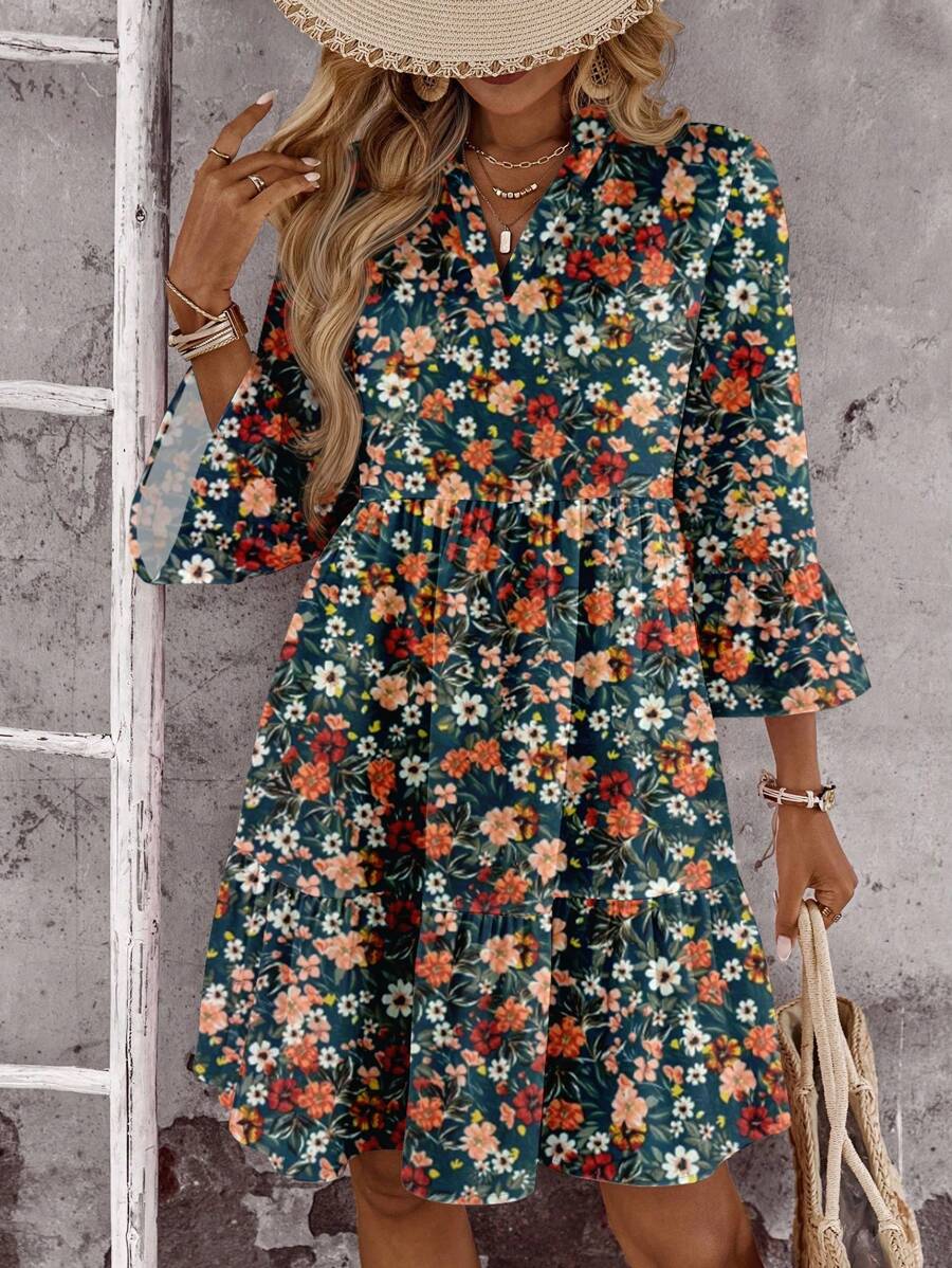 EMERY ROSE Casual Ditsy Floral Mini Dress For Women, Suitable For Summer, Multi-Layer Ruffle Skirt, Puff Sleeve, Retro Ditsy Ditsy Floral,Casual Dresses For Women Chic Dress - Multicolor - View 1