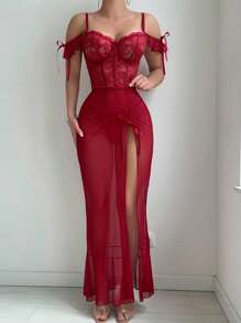 SHEIN 2pcs Lace Contrast Mesh Ruffle Hem Slit Steel Hoop Long Skirt Sleepwear+Thong Set - Burgundy - View 4