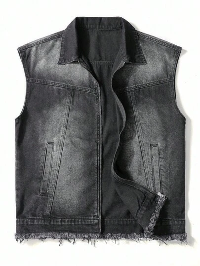 Chillumni Men's Zip Front Frayed Hem Casual Denim Vest Men Vest Vintage Washed Stacked Thrashed Denim