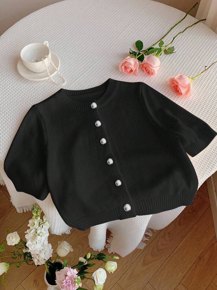 Comfortcana 大码女式休闲纯色单排扣开衫，适合日常通勤 - 黑色 - 查看 5