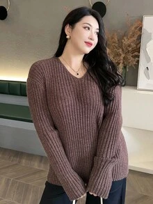 Dazy Plus V-Neck Solid Ribbed Loose Casual Plus Size Sweater For Women, Autumn - Brown - View 5