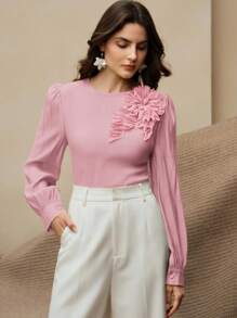 Anewsta Elegant Fashion Design Loose Long Sleeve Shirt, 3D Applique Women's Pink Blouse - Pink - View 4