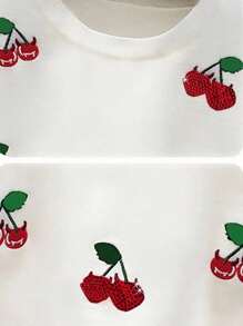 Camiseta Feminina de Verão com Decote Redondo, Impressão de Cereja e Decoração com Strass - Multicolorido - Visão 4