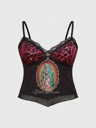 Fairycore Canotta in pizzo con stampa leopardata e strass, stile Y2K, taglie comode