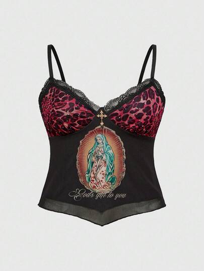 Fairycore Plus Size Y2K Saint Mary Leopard Print Rhinestone Lace Camisole