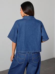 SHEIN PETITE Women's Casual Washed Denim Short Sleeve Blouse, Summer - Medium Wash - View 2