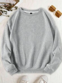 EMERY ROSE Plus Size Women's Solid Round Neck Thermal Lined Sweatshirt Fall Cloth For Women Winter Autumn - Light Grey - View 1