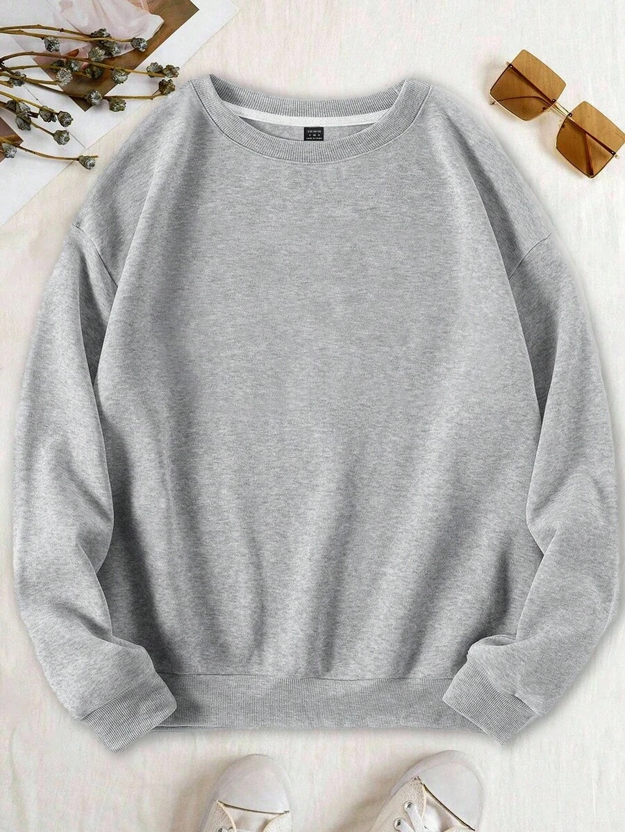 EMERY ROSE Plus Size Women's Solid Round Neck Thermal Lined Sweatshirt Fall Cloth For Women Winter Autumn - Light Grey - View 1