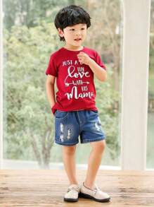 SHEIN Toddler Boys' Summer T-Shirt, Round Neck Short Sleeve, Solid Color English Letter Print, Casual Comfortable Versatile Fashionable Cute Street Style, Suitable For Spring/Summer Getaway, Holiday, Travel, Relax, Sunbathing
