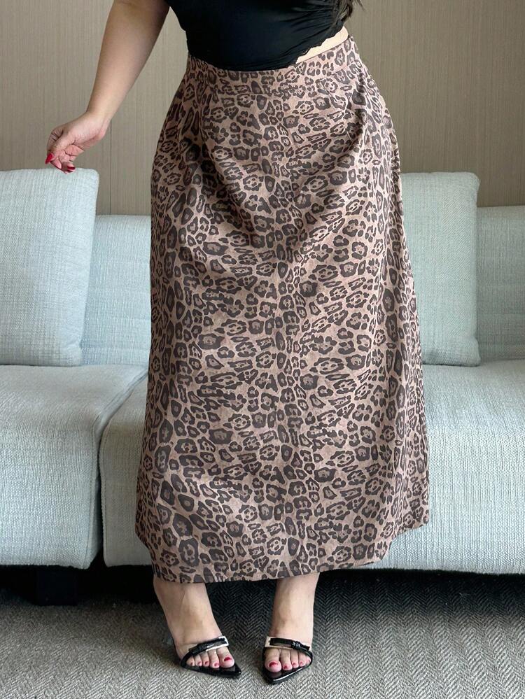 Dazy Plus Plus Size Leopard Print Elastic Waist Back Slit Maxi A-Line Skirt, Street Style Fall Skirts