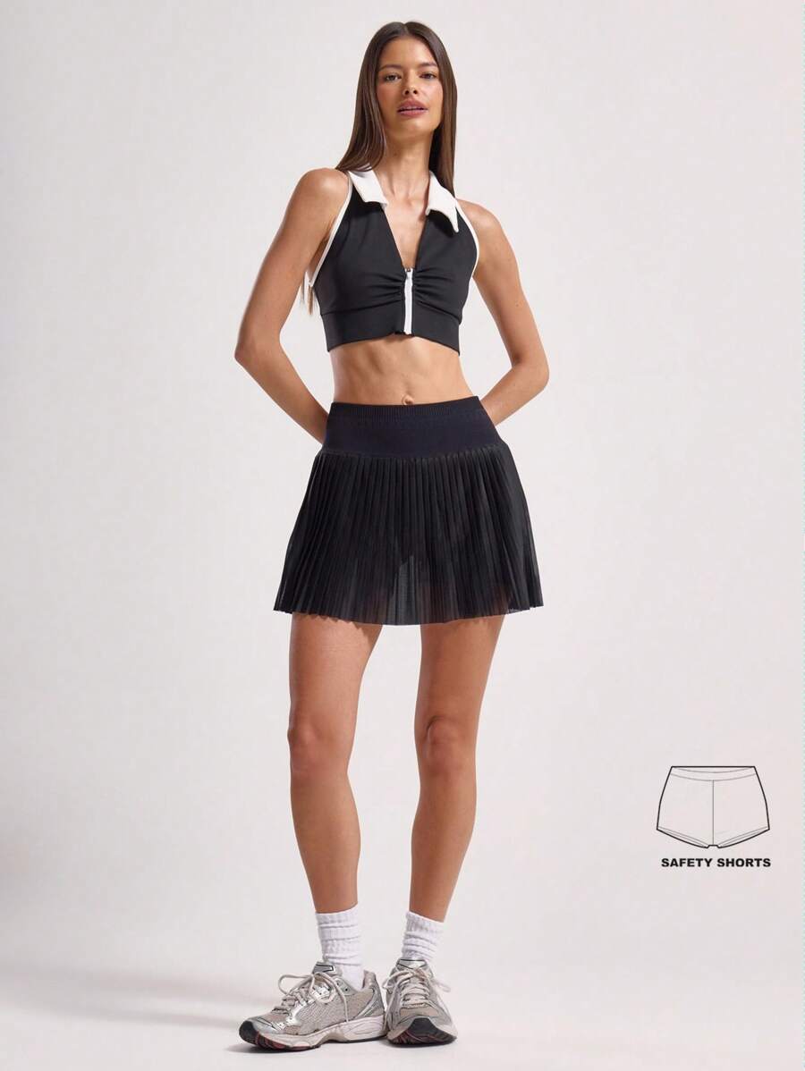 Musera Sport High Waisted Mesh Pleated Women Sports Skirt,Padel Tennis Racquetball Pickleball Gym Fitness - Black - View 1