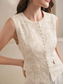 Anewsta Elegante e Fashionable Colete Slim Fit de Luxo com Bordado de Lantejoulas, Cor Damasco, Adequado para Primavera e Outono