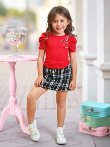 SHEIN Solid Color Casual Short Sleeve Pearl Beaded Ruffle Sleeve T-Shirt For Young Girl