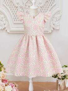 Tween Girl Floral Jacquard Ruffle Trim Dress, Party Wear - Pink - View 2