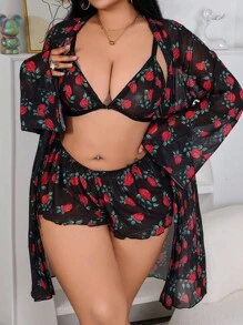 Snug Zone 3pcs Plus Size Women Floral Print Mesh Lingerie Set - Multicolor - View 3