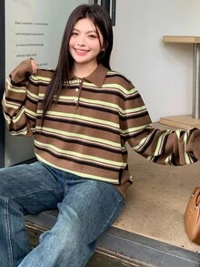 Dazy Plus Sweter damski w paski z kołnierzykiem polo i luźnym krojem w dużych rozmiarach, uniwersalny na jesień/zimę - Brązowy - Zobacz 14