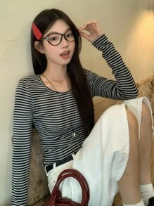 DAZY 女士圆领条纹韩版休闲长袖T恤，春秋装，秋季女装 - 灰色 - 查看 9