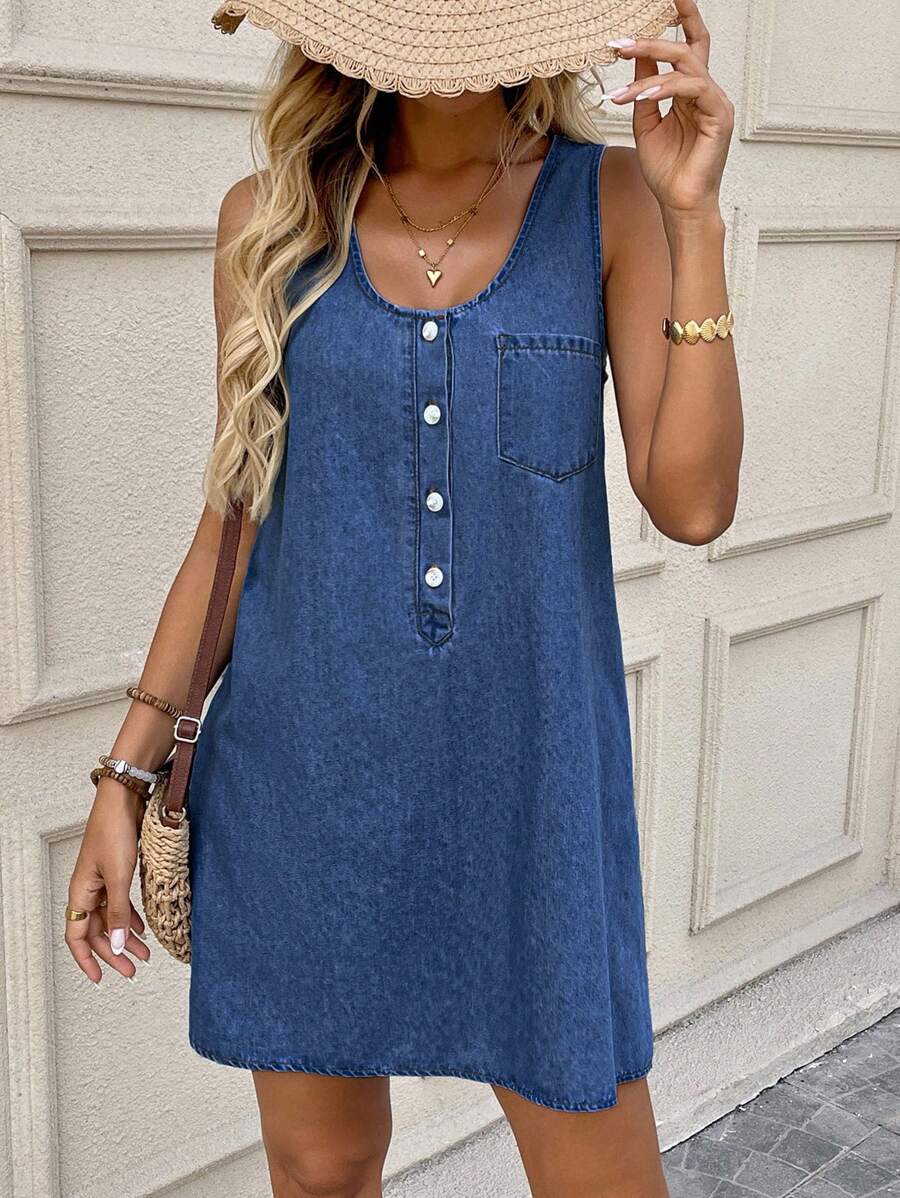 EMERY ROSE 女式牛仔无袖迷你连衣裙，休闲修身，蓝色 - 中等水洗藍 - 查看 1